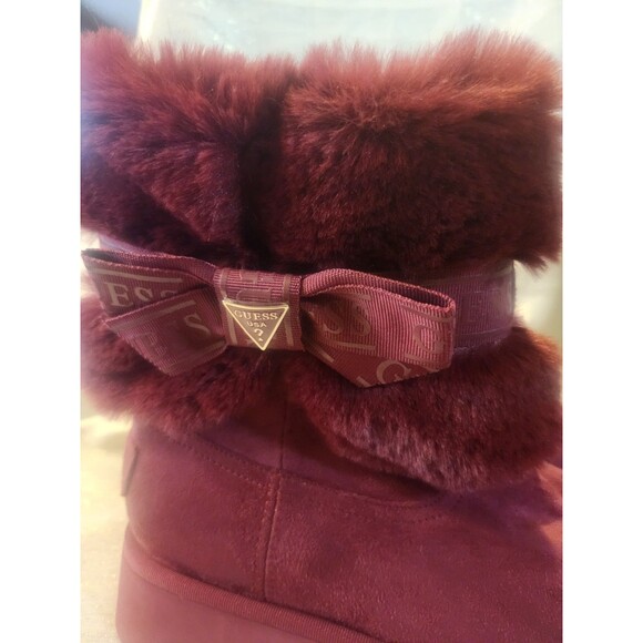 Guess Women's Denla Maroon Ribbon Bow Faux Fur Lined Ankle Boots Size 10 - Picture 4 of 8
